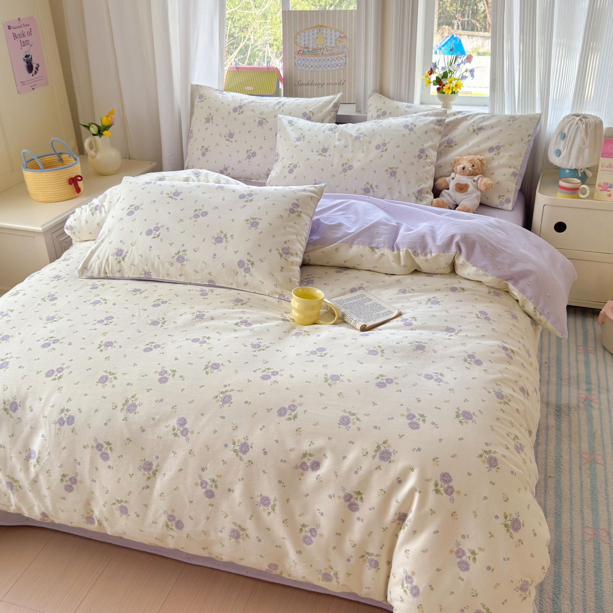 91家纺网 家纺一手货源 找家纺 优彩 2026春夏新款全棉纯棉13070跑量款特价小碎花卡通四件套 繁樱似梦