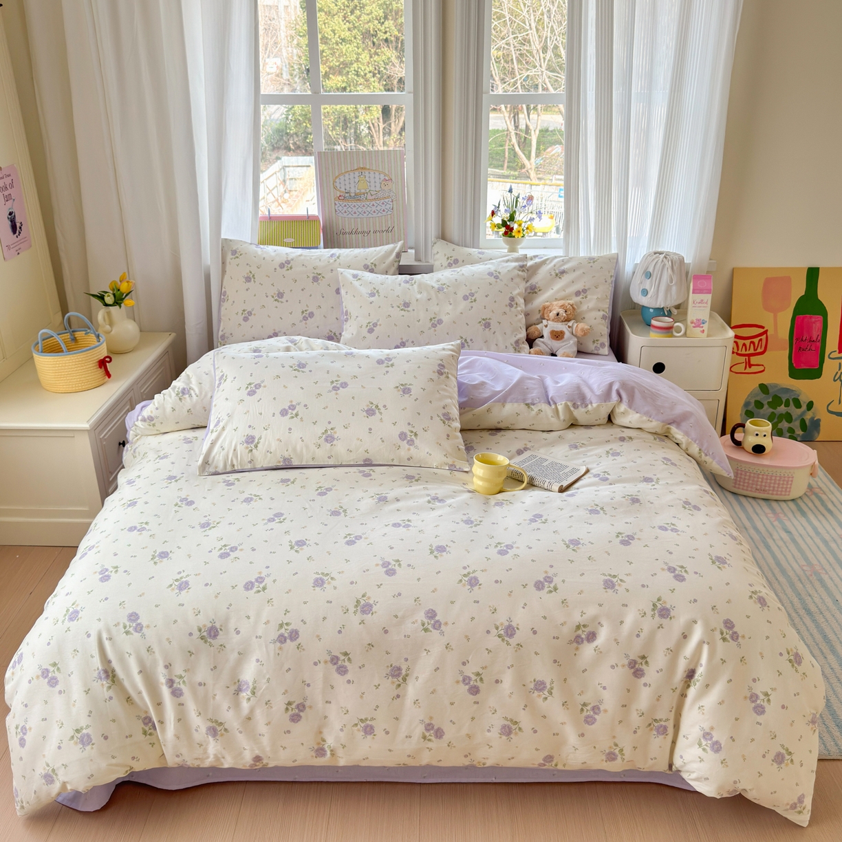 91家纺网 家纺一手货源 找家纺 优彩 2026春夏新款全棉纯棉13070跑量款特价小碎花卡通四件套 繁樱似梦