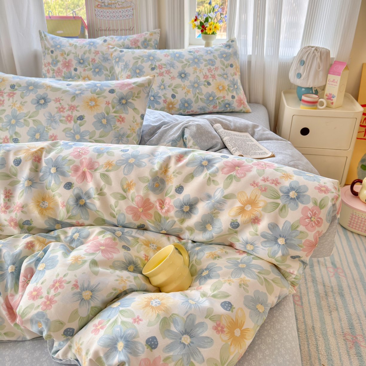 91家纺网 家纺一手货源 找家纺 优彩 2026春夏新款全棉纯棉13070跑量款特价小碎花卡通四件套 花间密语