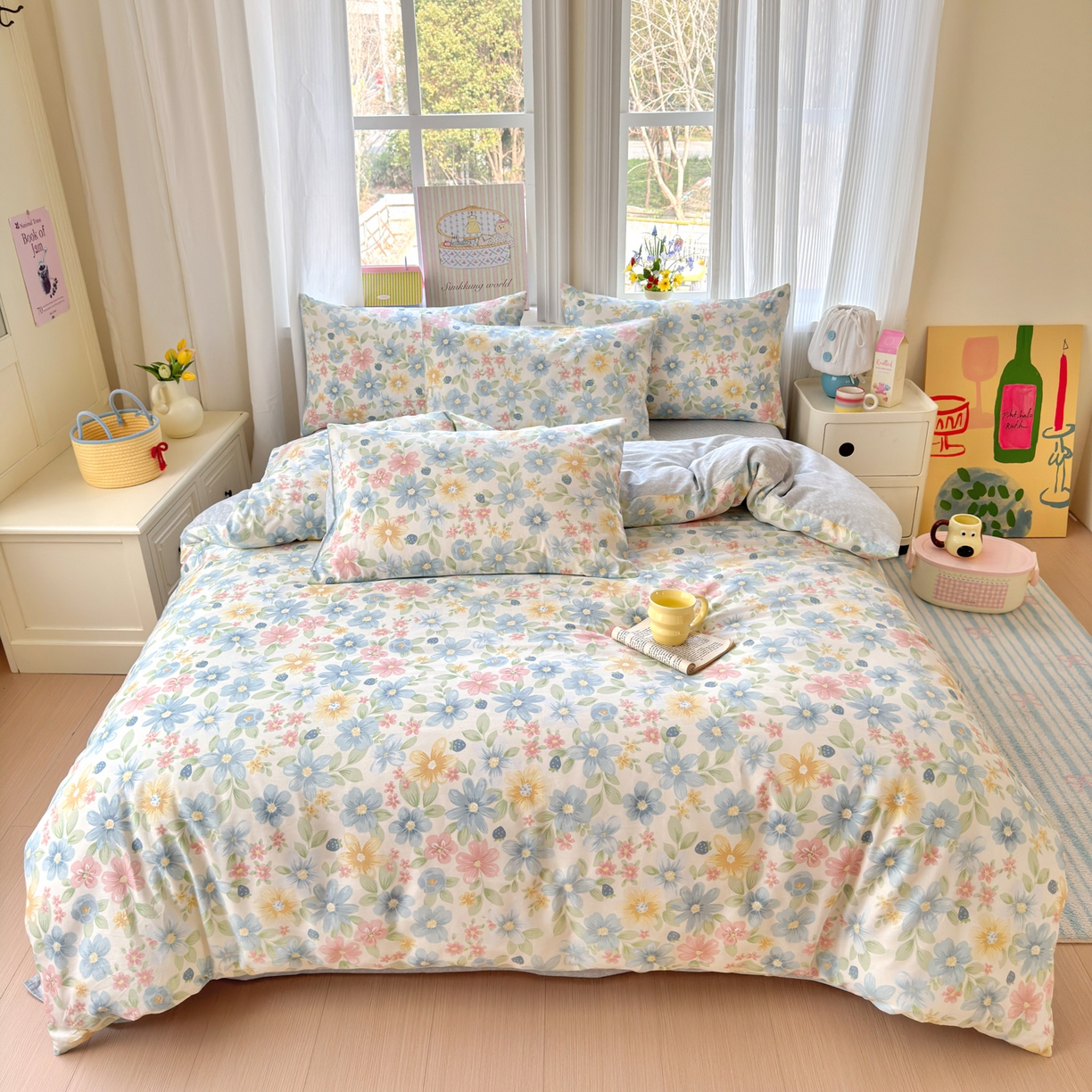 91家纺网 家纺一手货源 找家纺 优彩 2026春夏新款全棉纯棉13070跑量款特价小碎花卡通四件套 花间密语