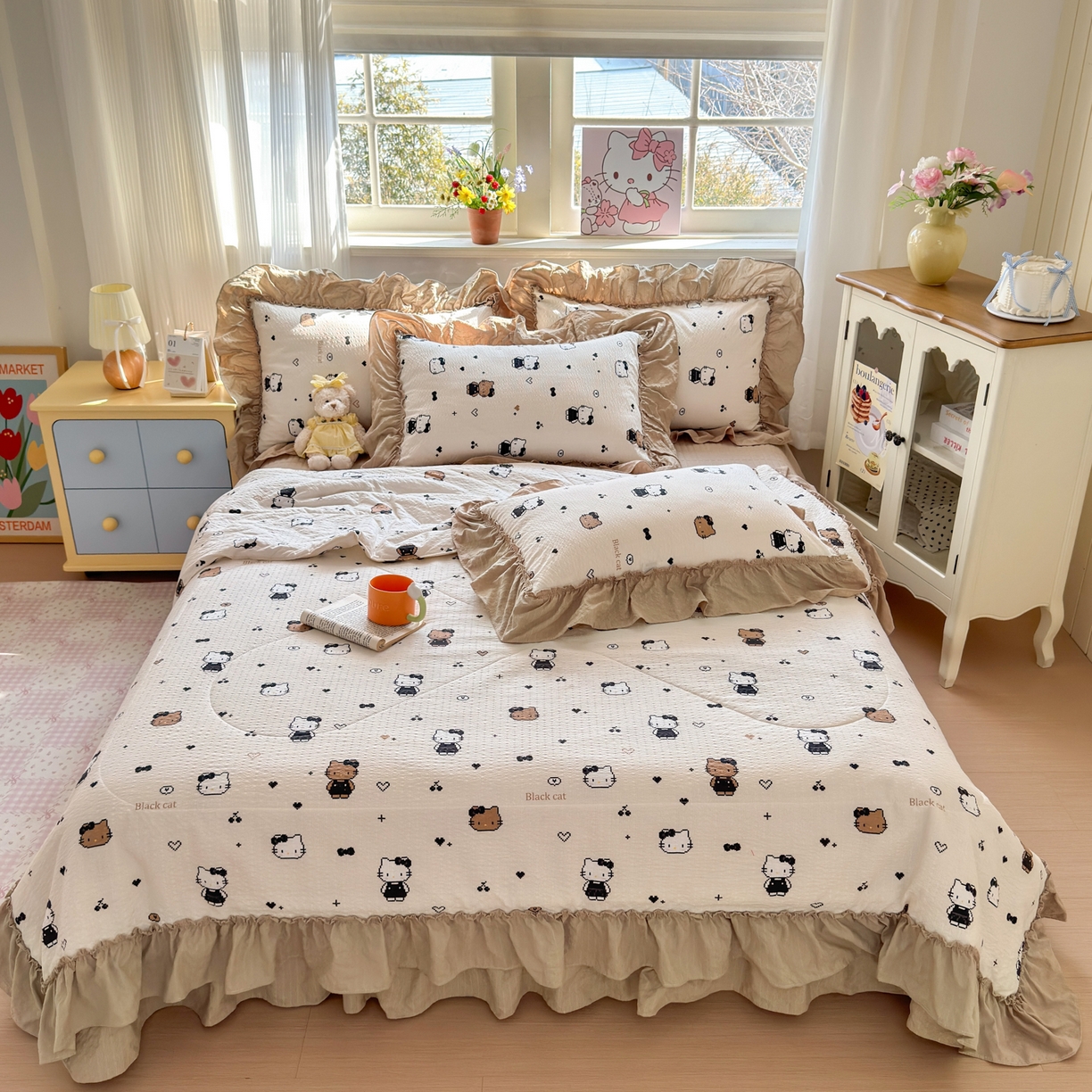 91家纺网 家纺一手货源 找家纺 禾沐 2026新款云感泡芙棉床盖夏被四件套AA款（夏被款） 奥利奥小猫