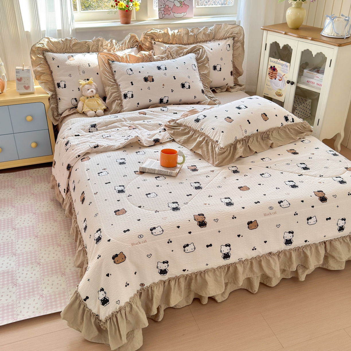 91家纺网 家纺一手货源 找家纺 禾沐 2026新款云感泡芙棉床盖夏被四件套AA款（夏被款） 奥利奥小猫