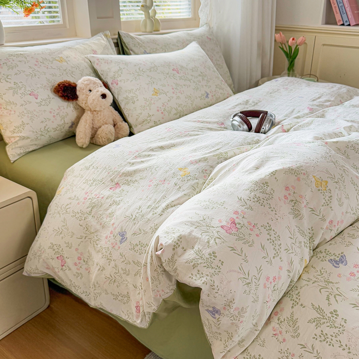 91家纺网 家纺一手货源 找家纺 铭浩家纺 2026春夏新款A类古法水洗云朵四件套 青春蝶舞