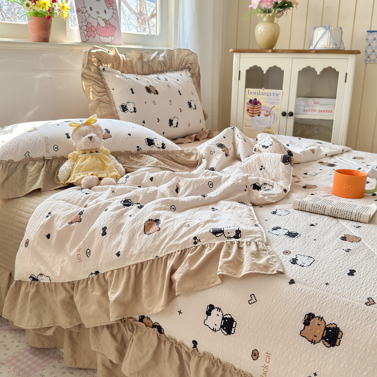 91家纺网 家纺一手货源 找家纺 禾沐 2026新款云感泡芙棉床盖夏被四件套AA款（夏被款） 奥利奥小猫