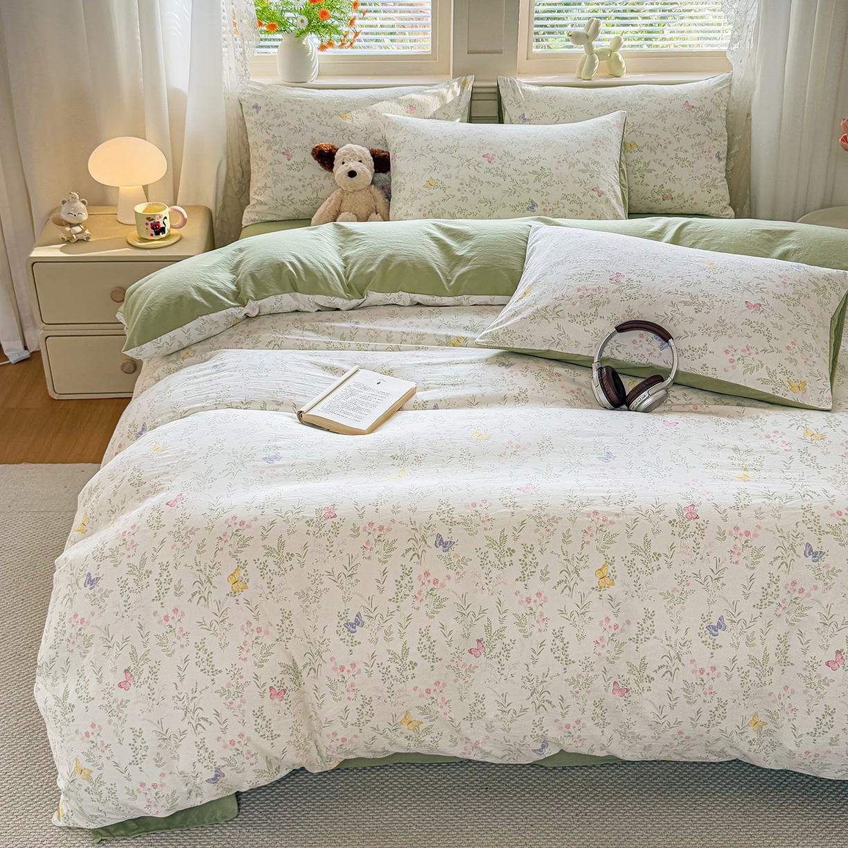 91家纺网 家纺一手货源 找家纺 铭浩家纺 2026春夏新款A类古法水洗云朵四件套 青春蝶舞