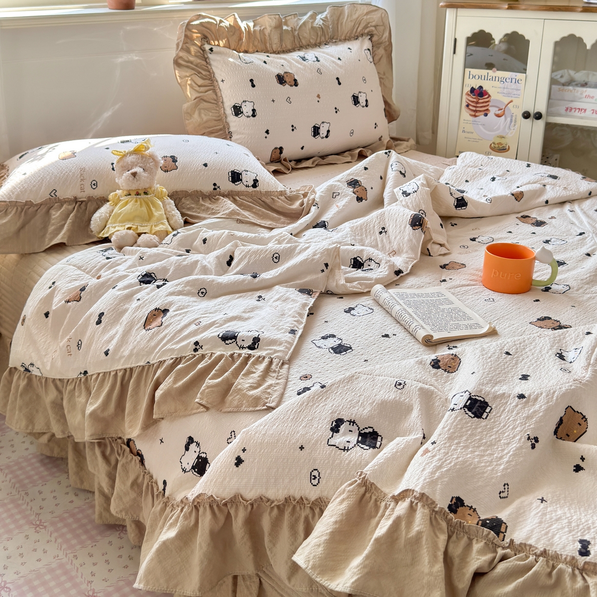 91家纺网 家纺一手货源 找家纺 禾沐 2026新款云感泡芙棉床盖夏被四件套AA款（夏被款） 奥利奥小猫