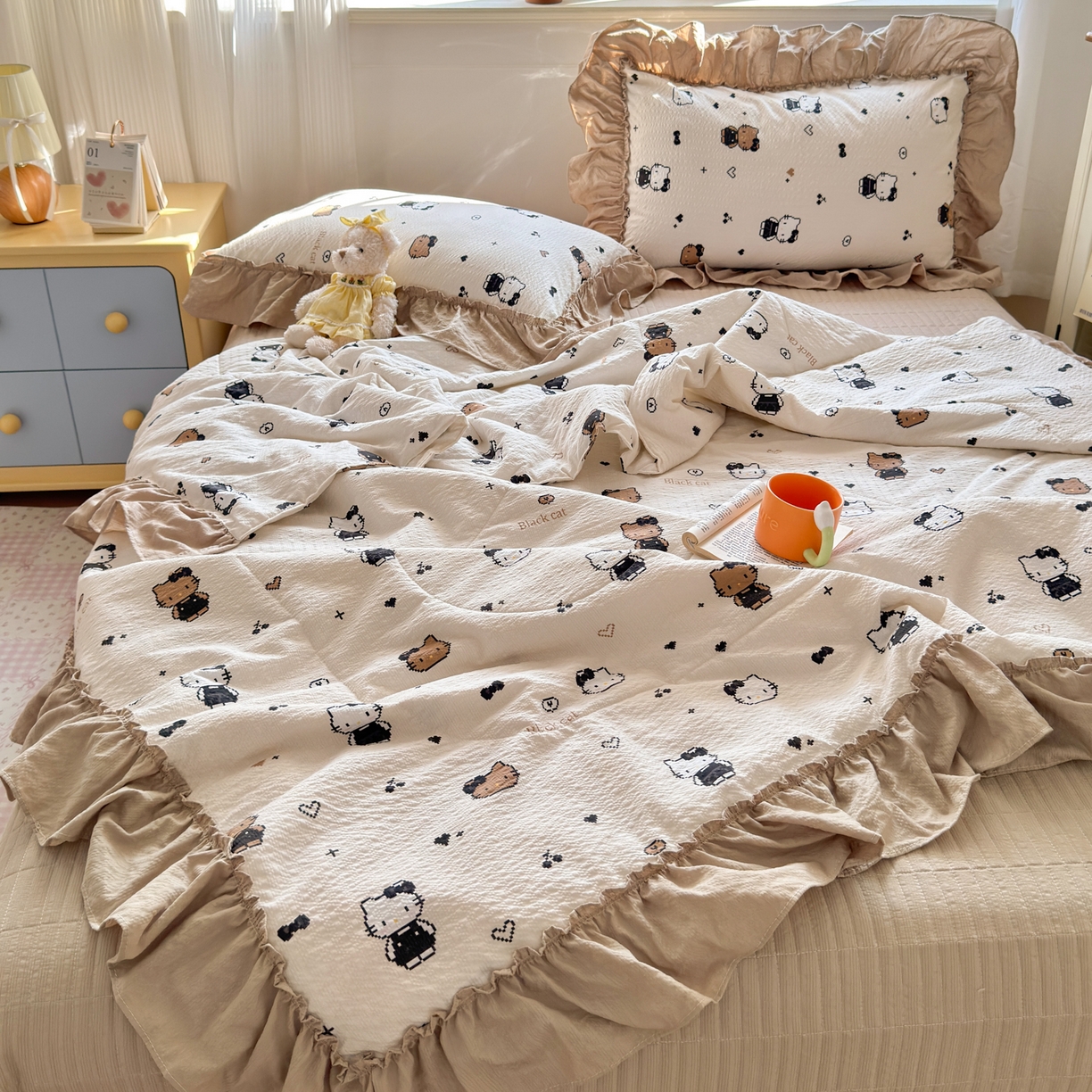 91家纺网 家纺一手货源 找家纺 禾沐 2026新款云感泡芙棉床盖夏被四件套AA款（夏被款） 奥利奥小猫