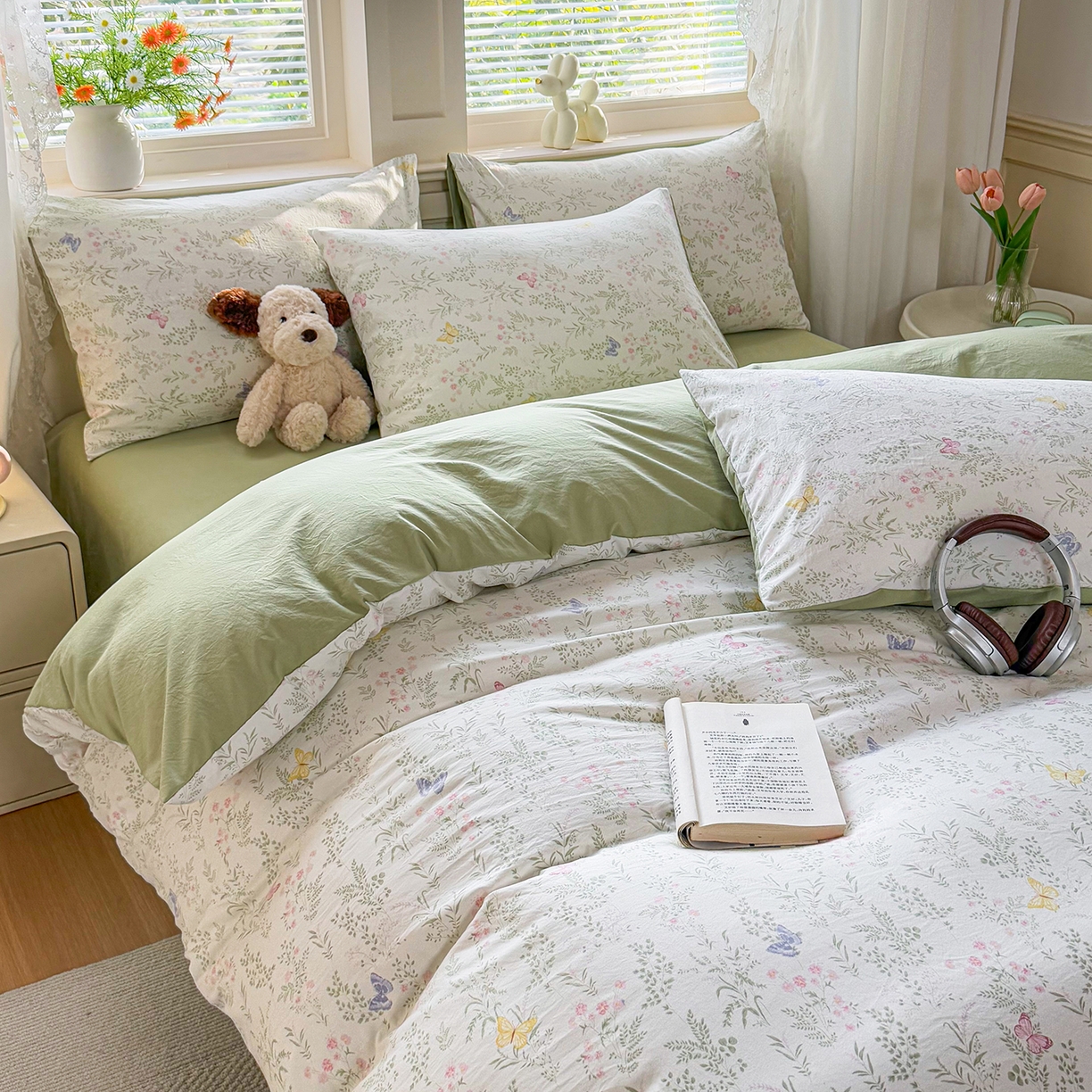 91家纺网 家纺一手货源 找家纺 铭浩家纺 2026春夏新款A类古法水洗云朵四件套 青春蝶舞