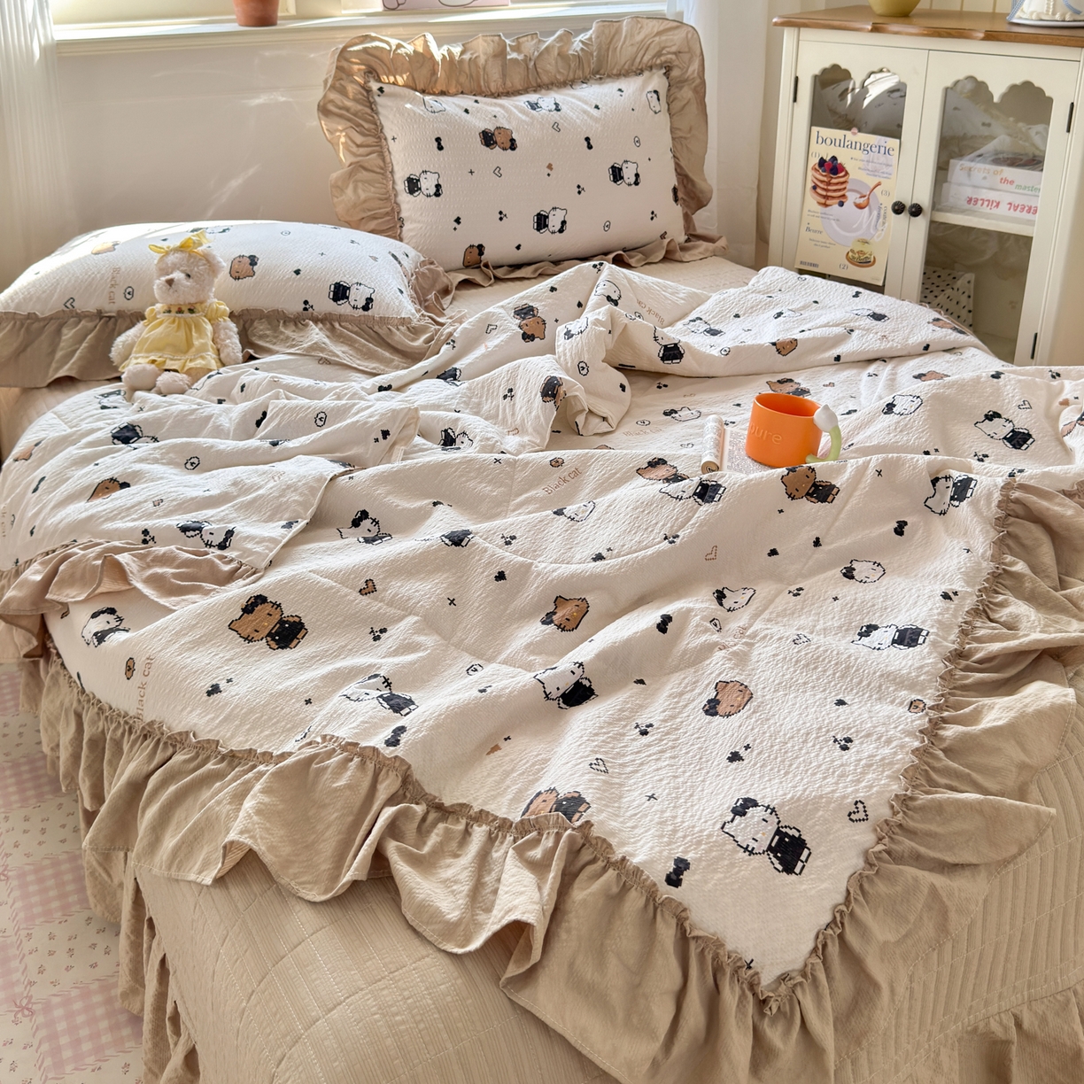 91家纺网 家纺一手货源 找家纺 禾沐 2026新款云感泡芙棉床盖夏被四件套AA款（夏被款） 奥利奥小猫