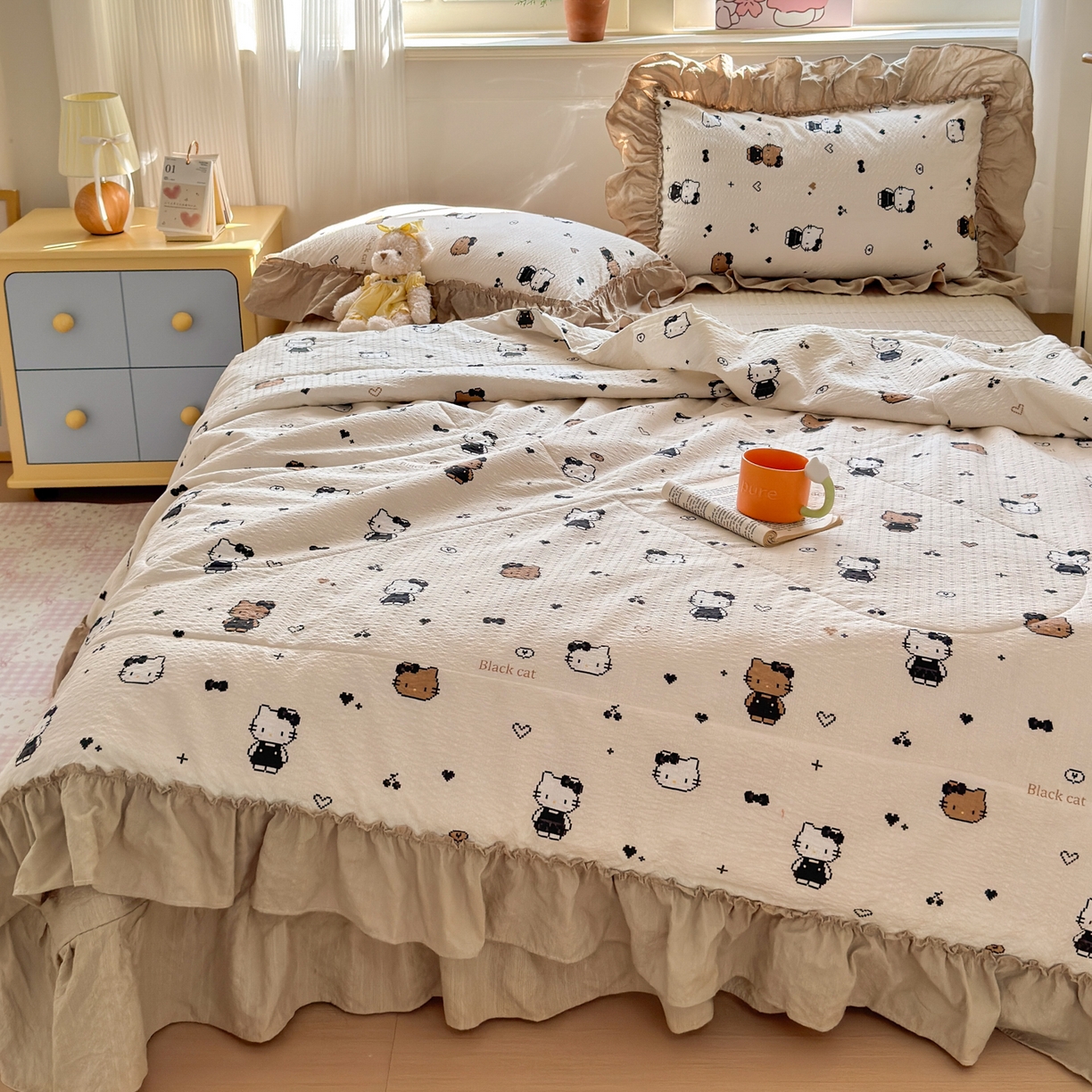 91家纺网 家纺一手货源 找家纺 禾沐 2026新款云感泡芙棉床盖夏被四件套AA款（夏被款） 奥利奥小猫