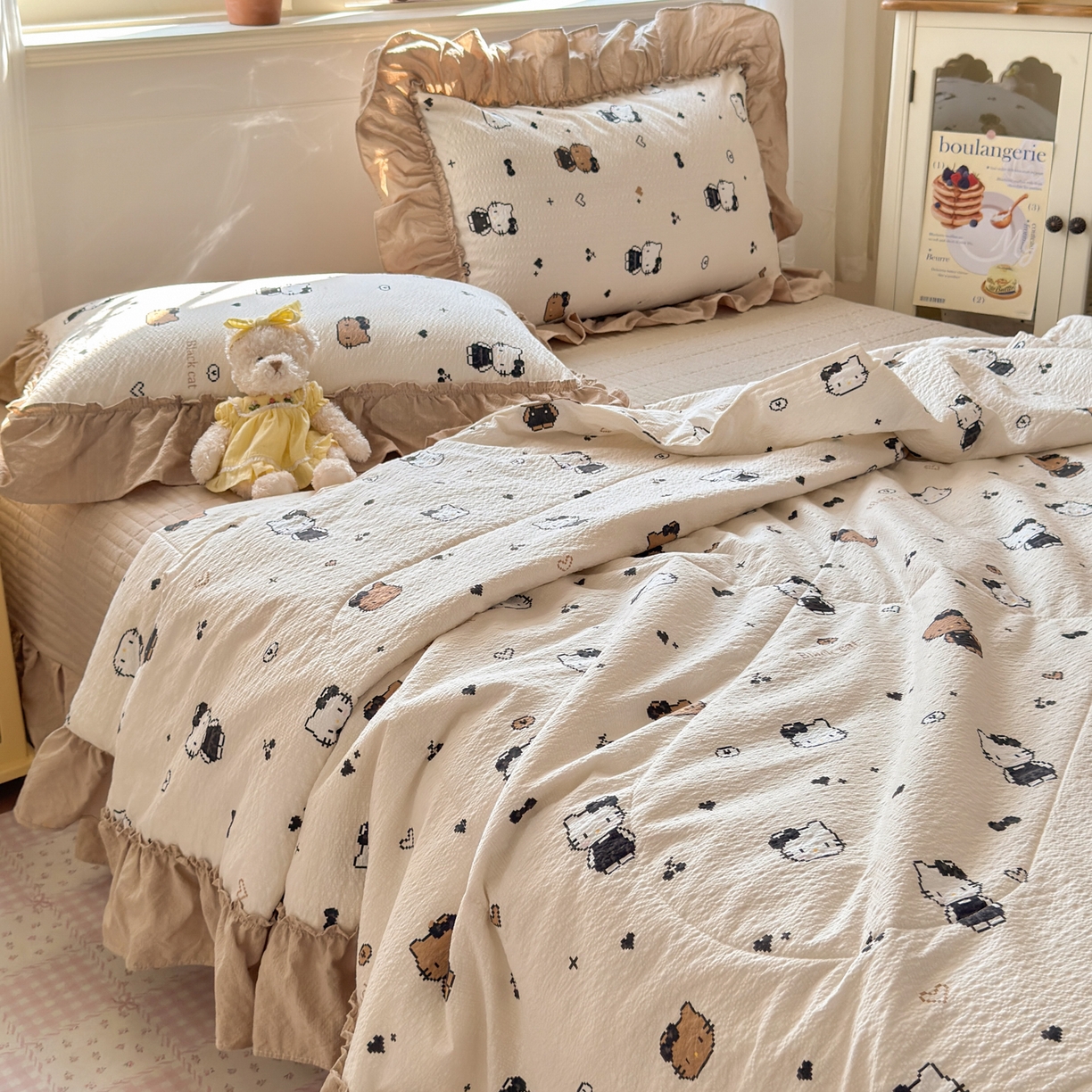 91家纺网 家纺一手货源 找家纺 禾沐 2026新款云感泡芙棉床盖夏被四件套AA款（夏被款） 奥利奥小猫