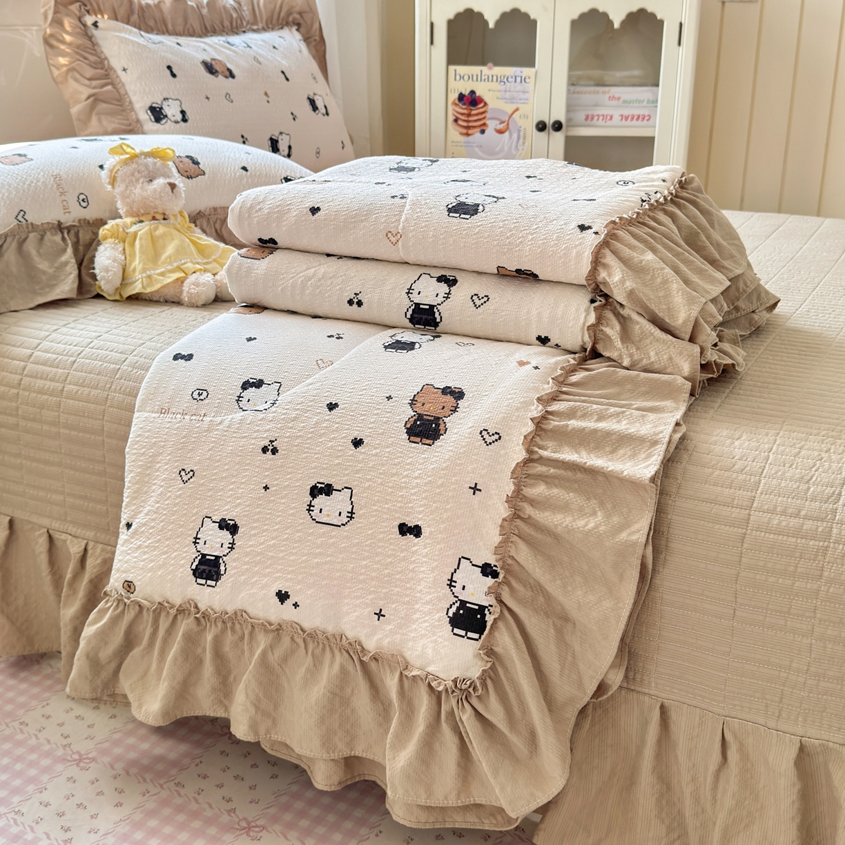 91家纺网 家纺一手货源 找家纺 禾沐 2026新款云感泡芙棉床盖夏被四件套AA款（夏被款） 奥利奥小猫