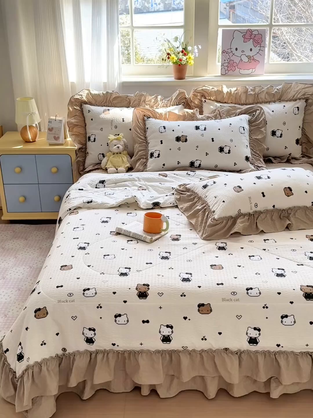91家纺网 家纺一手货源 找家纺 禾沐 2026新款云感泡芙棉床盖夏被四件套AA款（夏被款） 奥利奥小猫