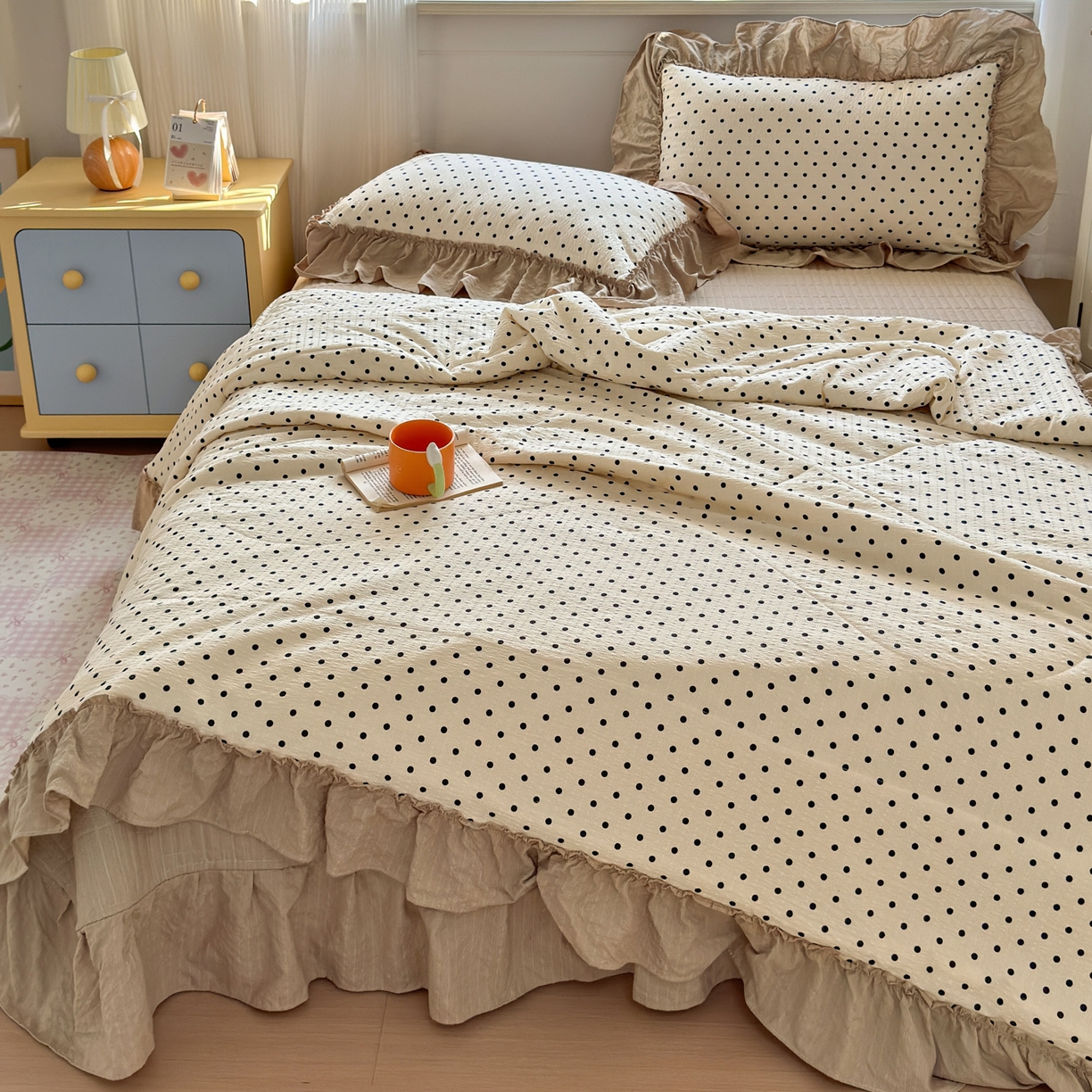 91家纺网 家纺一手货源 找家纺 禾沐 2026新款云感泡芙棉床盖夏被四件套AA款（夏被款） 波点