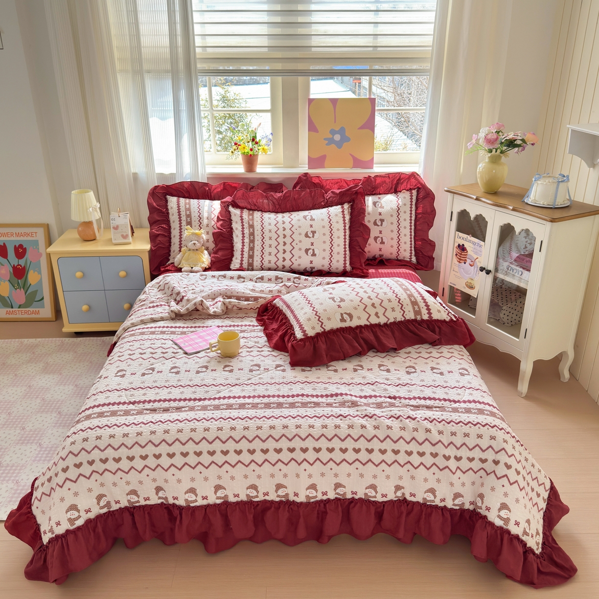 91家纺网 家纺一手货源 找家纺 禾沐 2026新款云感泡芙棉床盖夏被四件套AA款（夏被款） 红色小雪人