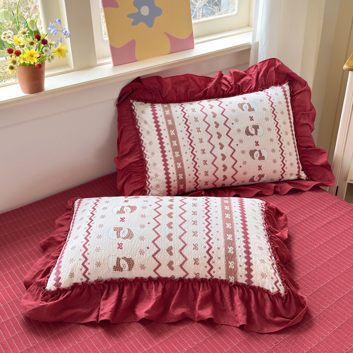 91家纺网 家纺一手货源 找家纺 禾沐 2026新款云感泡芙棉床盖夏被四件套AA款（夏被款） 红色小雪人