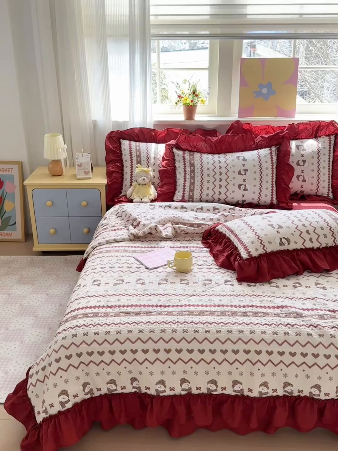 91家纺网 家纺一手货源 找家纺 禾沐 2026新款云感泡芙棉床盖夏被四件套AA款（夏被款） 红色小雪人