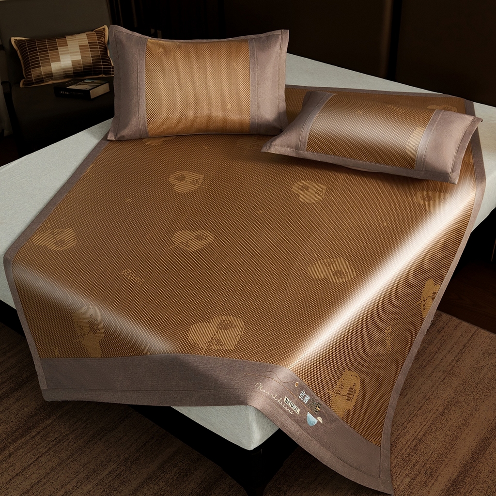 91家纺网 家纺一手货源 找家纺 梵克保罗 2026春夏新款3D复合冰藤凉席三件套 冰藤-心心相印-咖