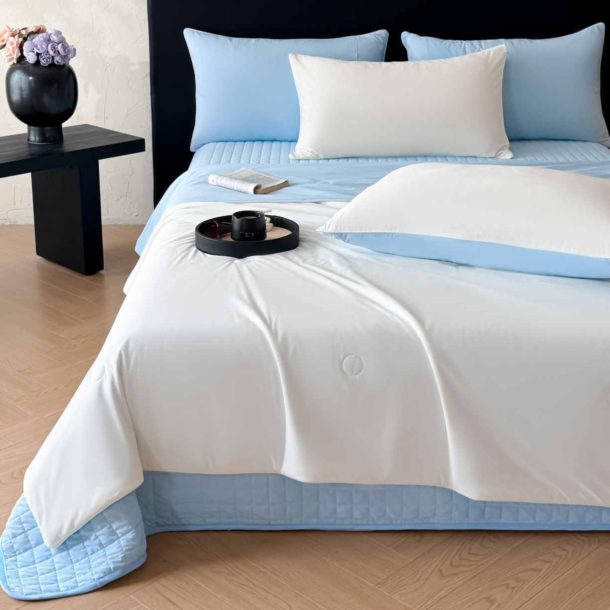 91家纺网 家纺一手货源 找家纺 （总）羚羊语家纺 2026新款仿锦氨凉感夏被床盖四件套夹棉床盖纯色轻奢凉感丝夏凉被空调冰丝云母凉感被子被芯