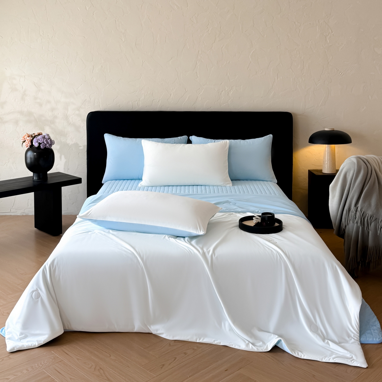 91家纺网 家纺一手货源 找家纺 （总）羚羊语家纺 2026新款仿锦氨凉感夏被床盖四件套夹棉床盖纯色轻奢凉感丝夏凉被空调冰丝云母凉感被子被芯