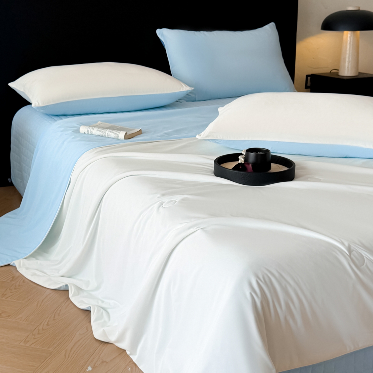 91家纺网 家纺一手货源 找家纺 （总）羚羊语家纺 2026新款仿锦氨凉感夏被床盖四件套夹棉床盖纯色轻奢凉感丝夏凉被空调冰丝云母凉感被子被芯