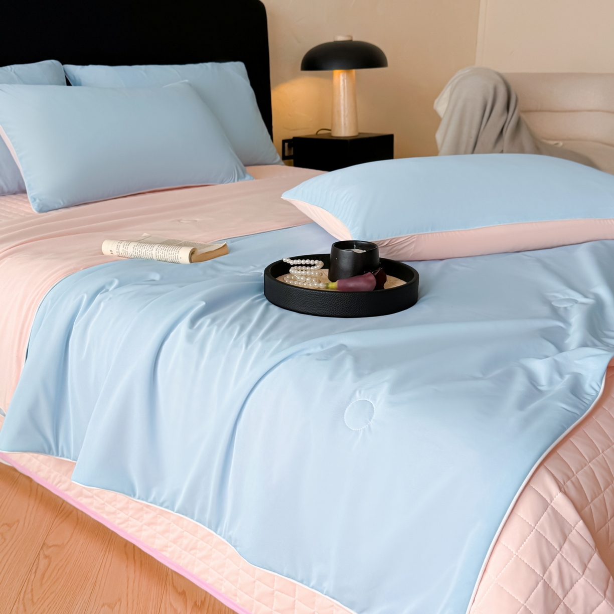 羚羊语家纺 2026新款仿锦氨凉感夏被床盖四件套夹棉床盖纯色轻奢凉感丝夏凉被空调冰丝云母凉感被子被芯 云澜玉影