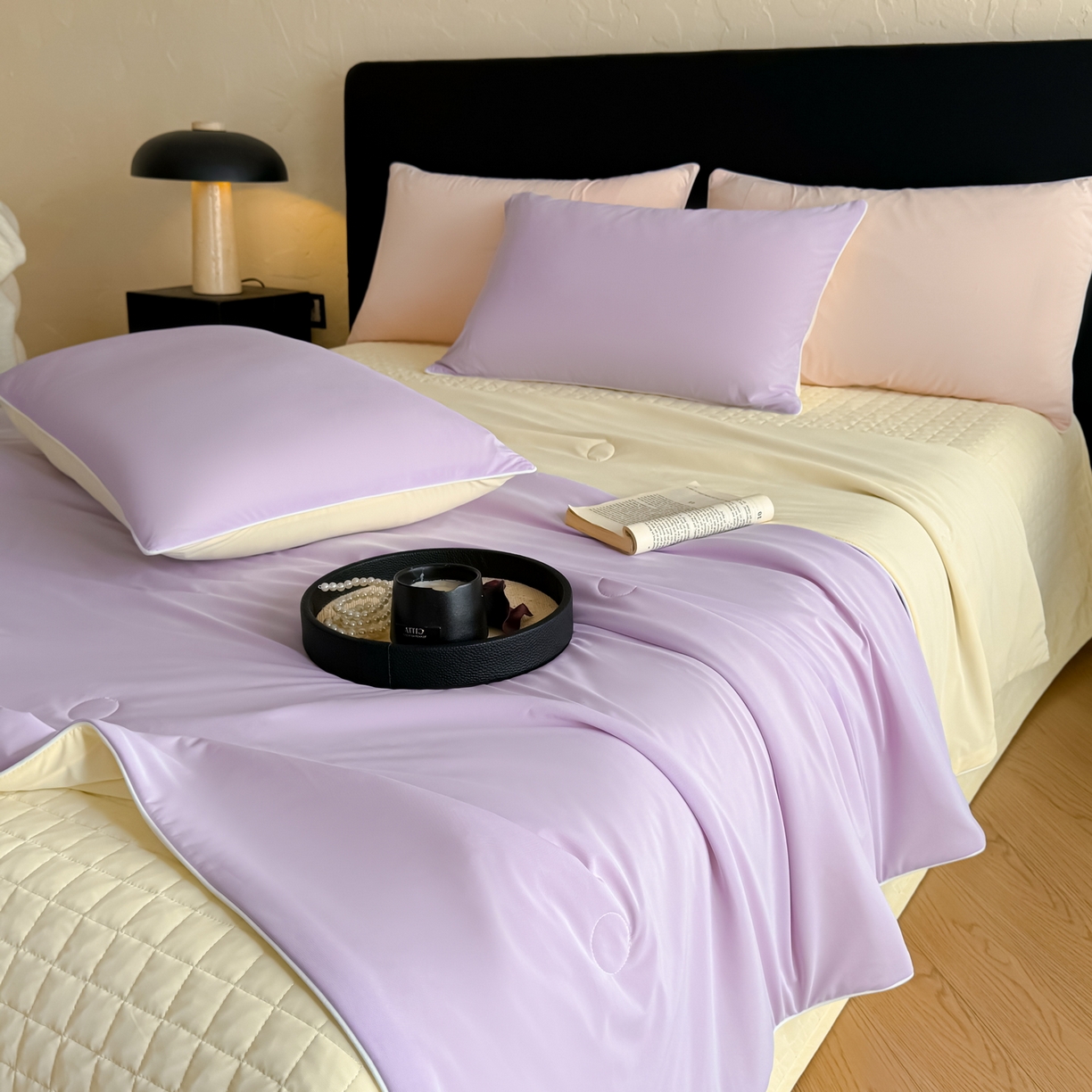 羚羊语家纺 2026新款仿锦氨凉感夏被床盖四件套夹棉床盖纯色轻奢凉感丝夏凉被空调冰丝云母凉感被子被芯 紫陌柔黄