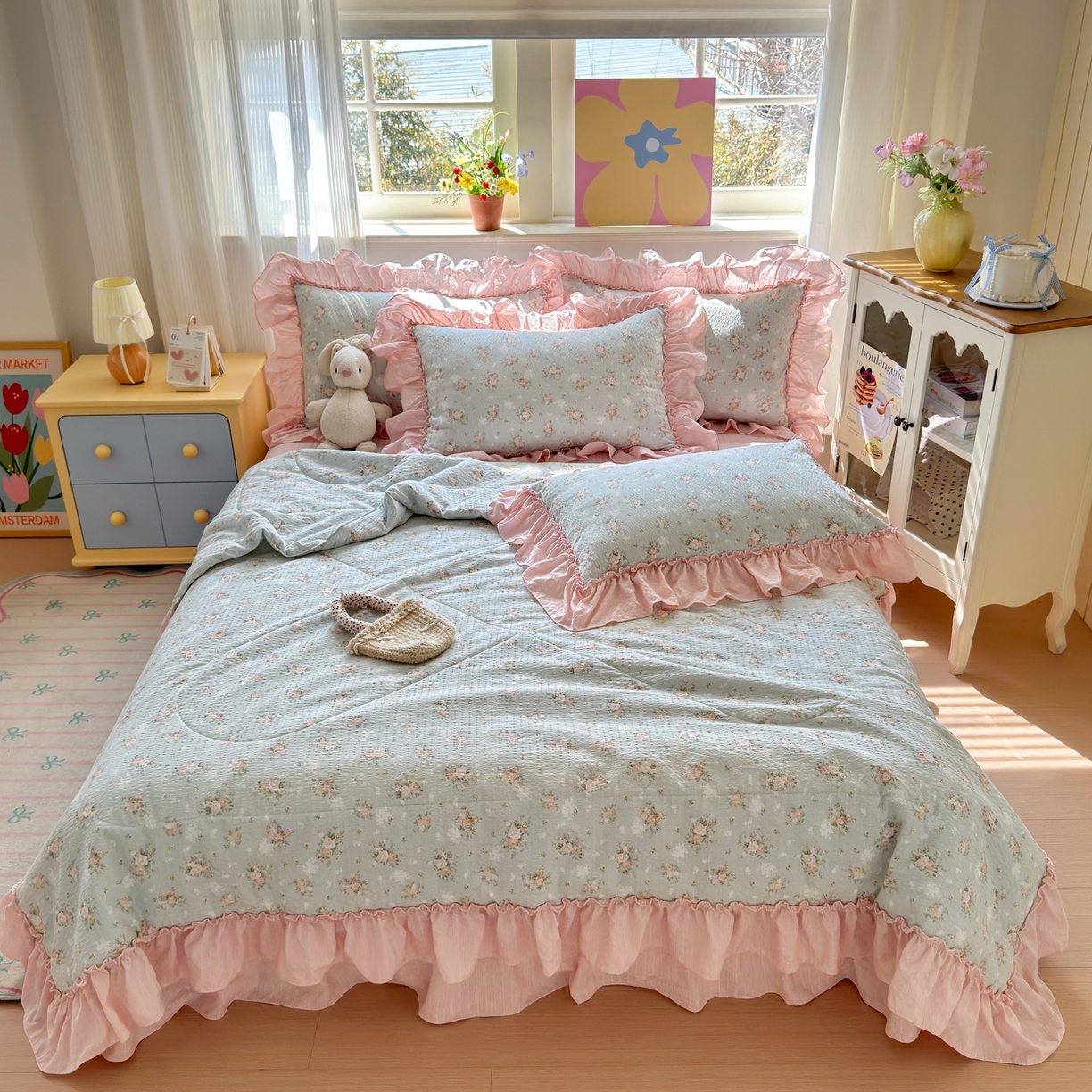 91家纺网 家纺一手货源 找家纺 禾沐 2026新款云感泡芙棉床盖夏被四件套AA款（夏被款） 柔诗意