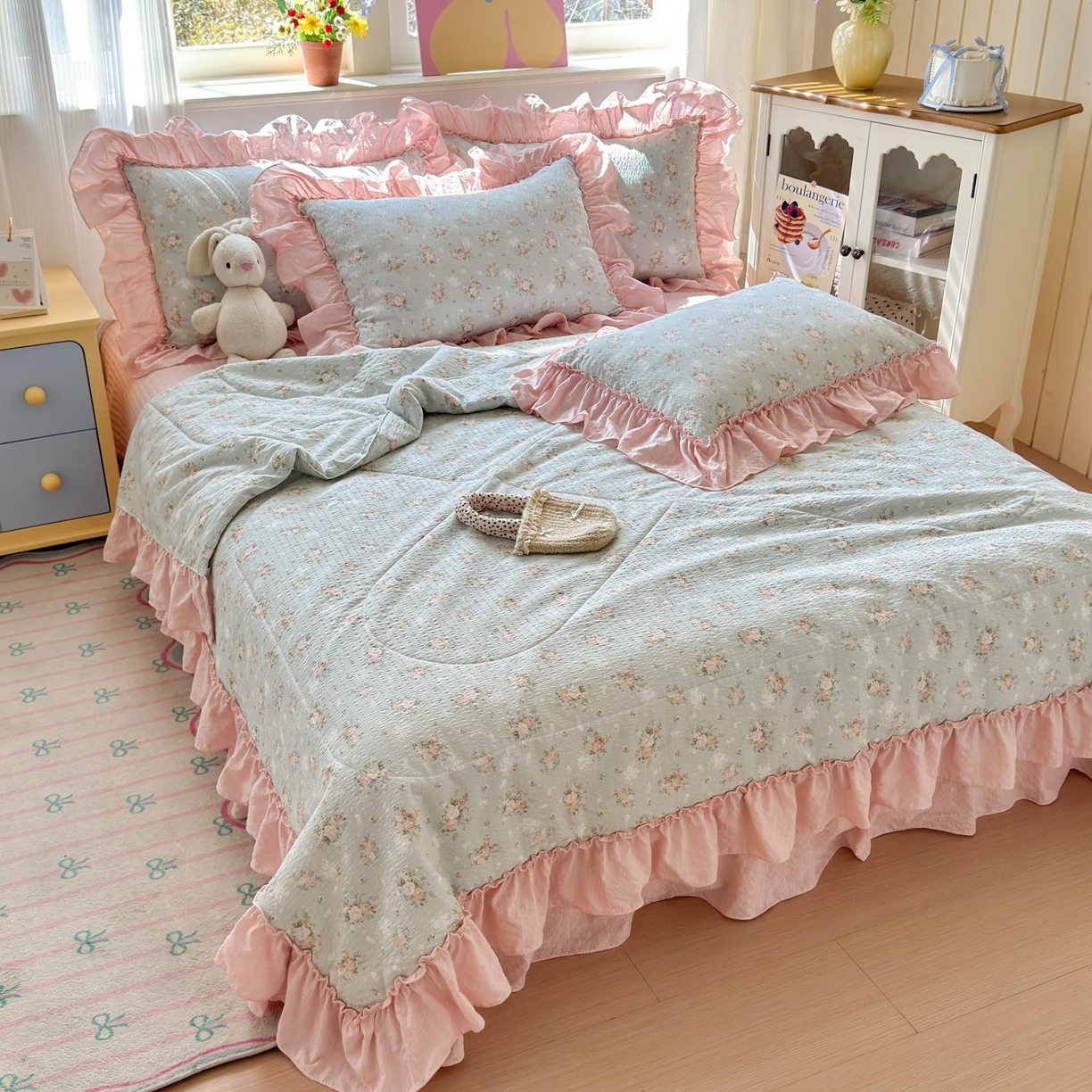 91家纺网 家纺一手货源 找家纺 禾沐 2026新款云感泡芙棉床盖夏被四件套AA款（夏被款） 柔诗意