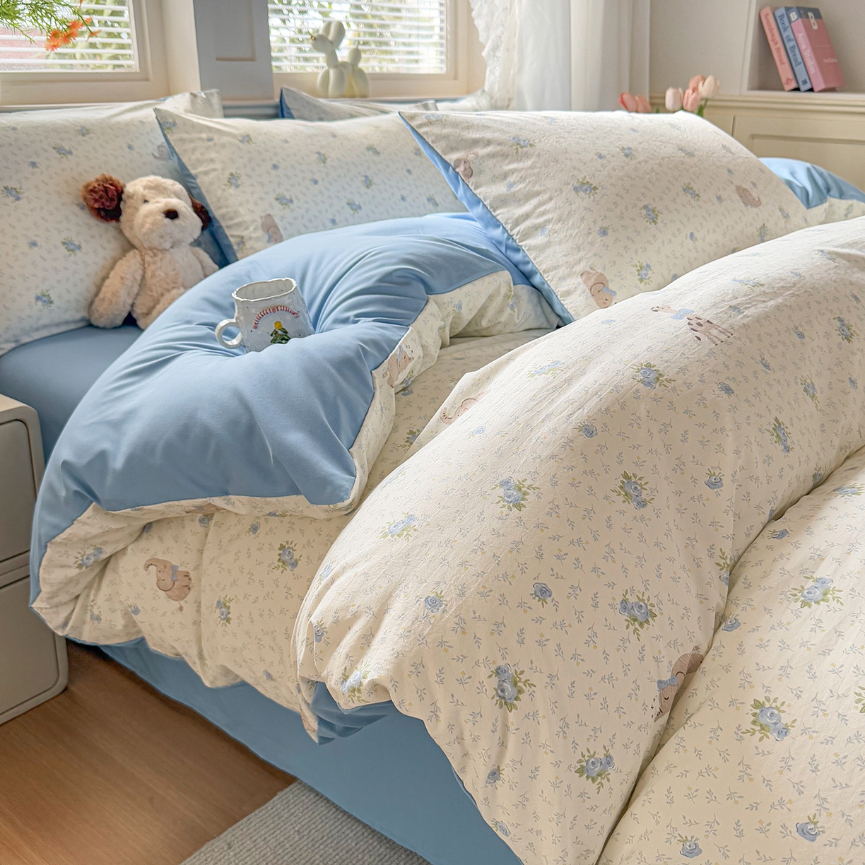 铭浩家纺 2026春夏新款A类古法水洗云朵四件套 雾里浅花