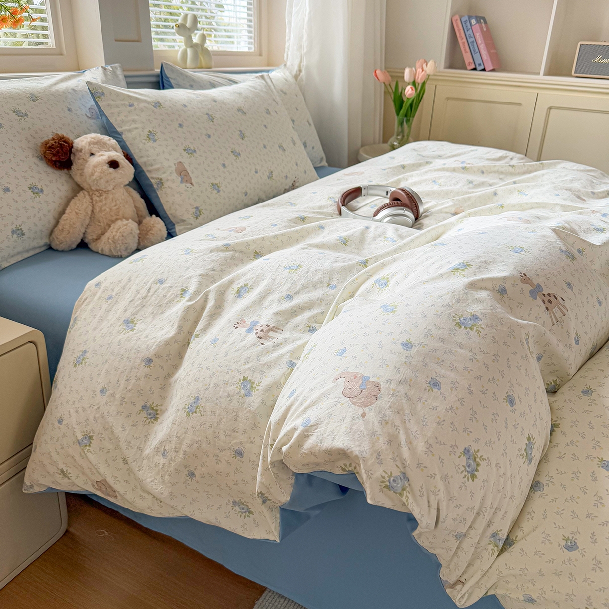 91家纺网 家纺一手货源 找家纺 铭浩家纺 2026春夏新款A类古法水洗云朵四件套 雾里浅花