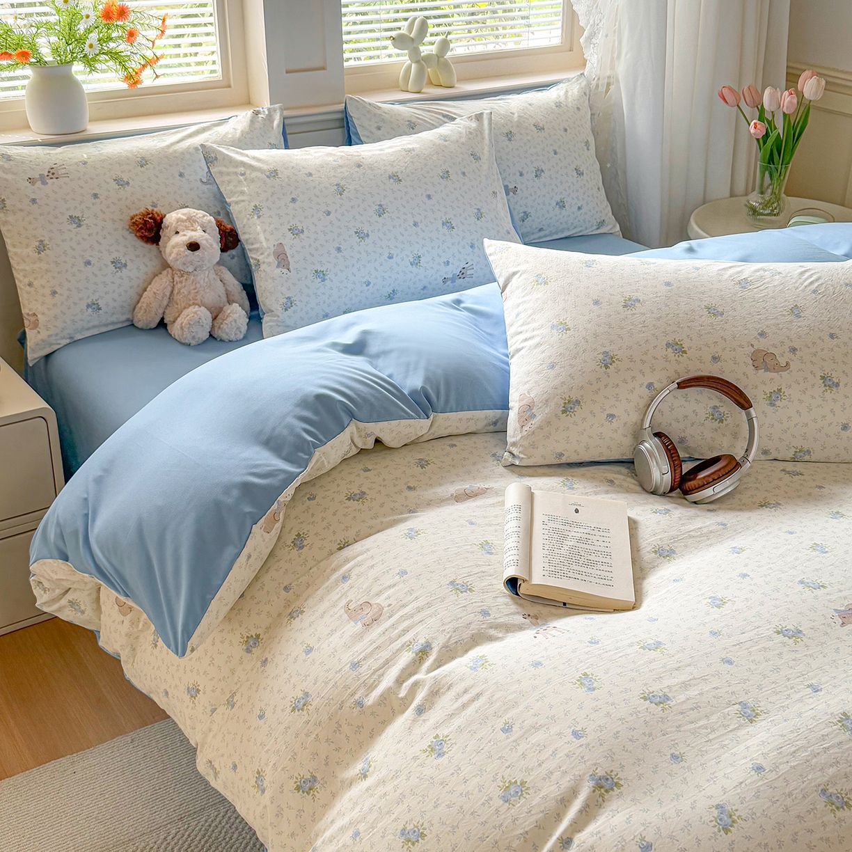 91家纺网 家纺一手货源 找家纺 铭浩家纺 2026春夏新款A类古法水洗云朵四件套 雾里浅花