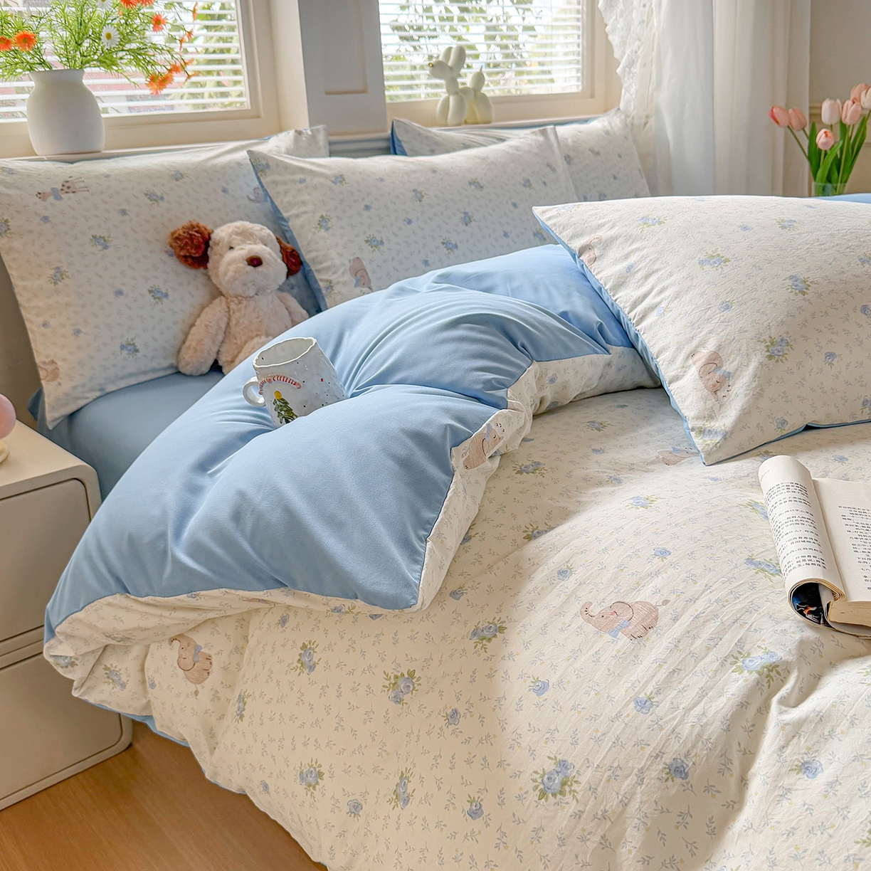 91家纺网 家纺一手货源 找家纺 铭浩家纺 2026春夏新款A类古法水洗云朵四件套 雾里浅花