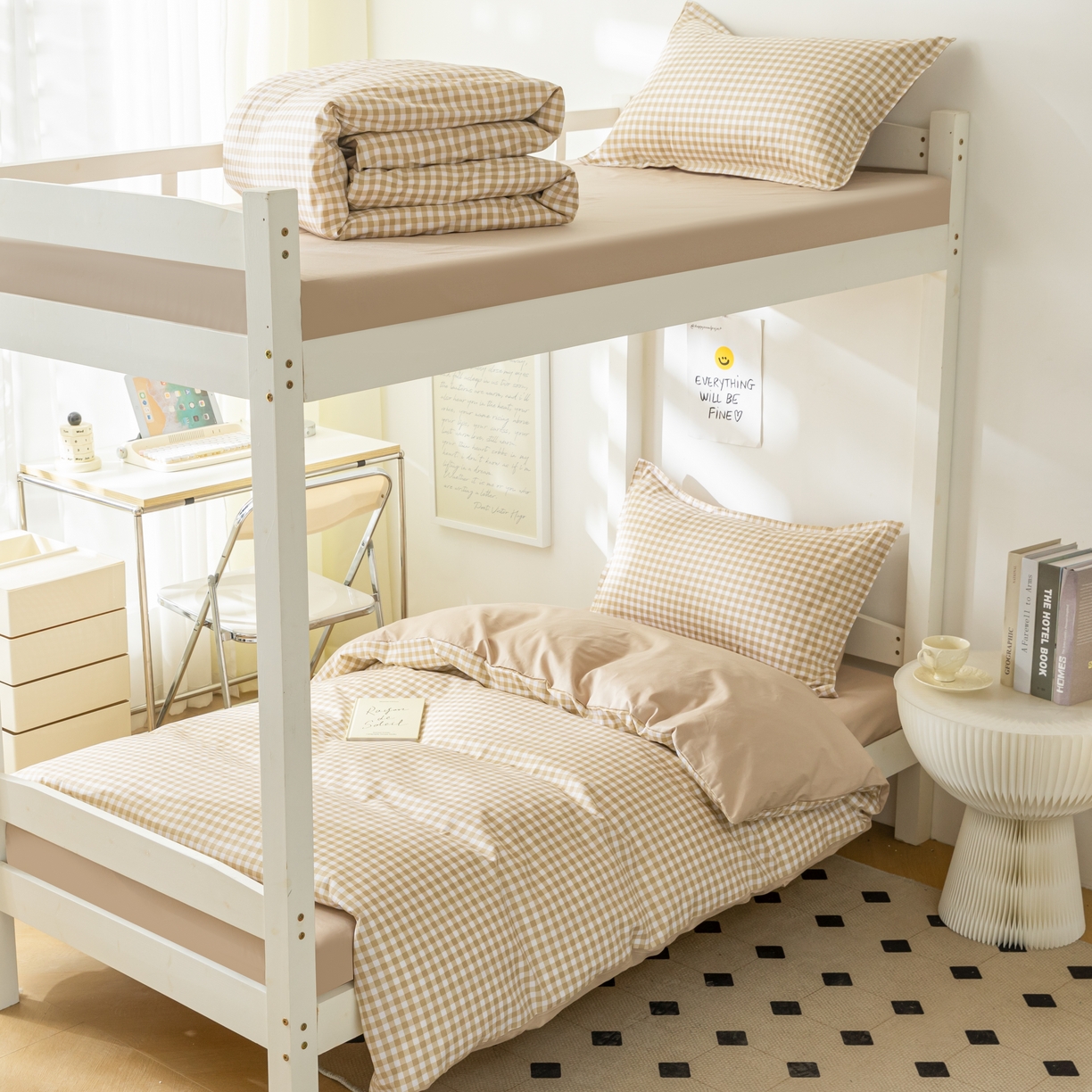 91家纺网 家纺一手货源 找家纺 天之爱 2026年新款13372全棉三件套学生上下铺6件套多件套咖小格