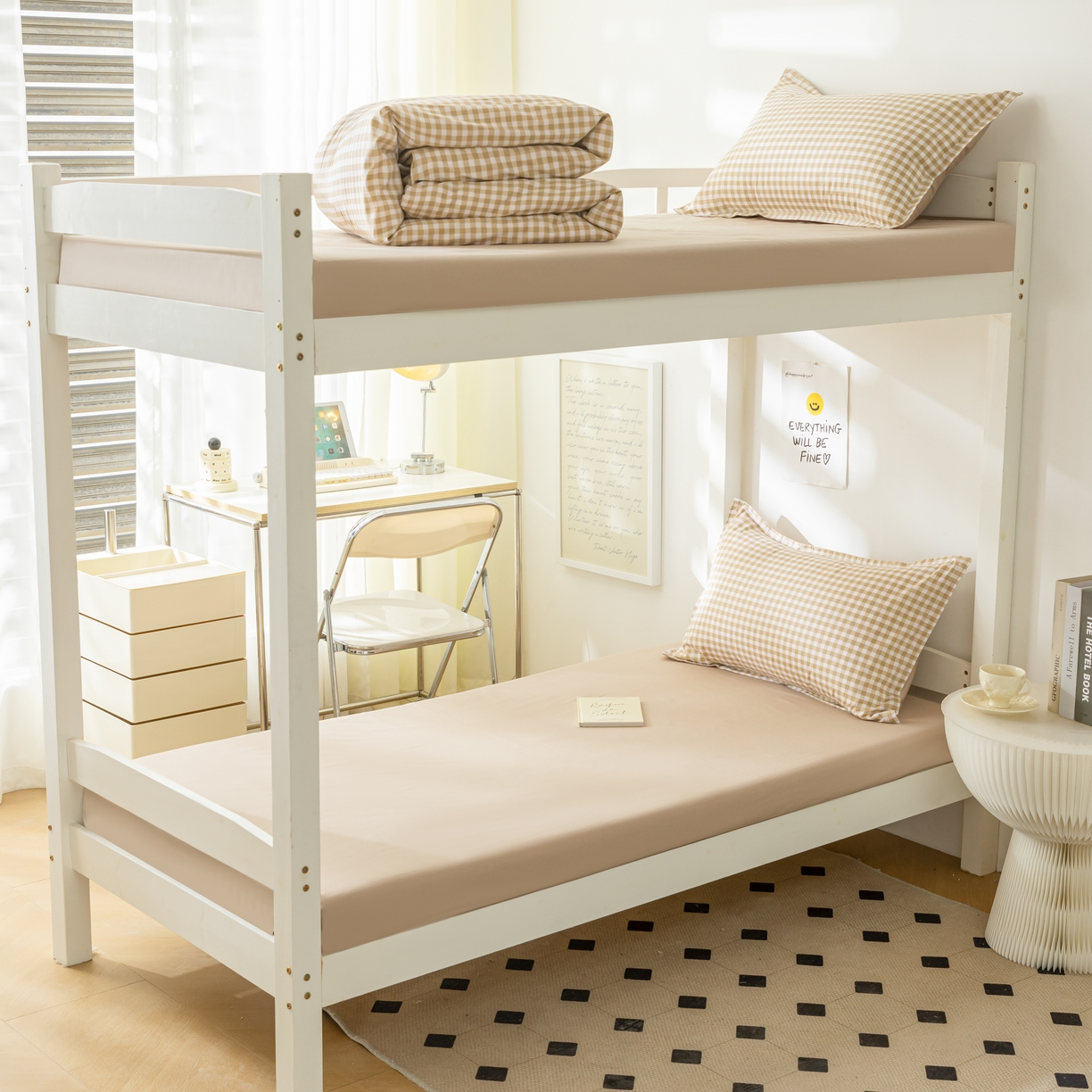 91家纺网 家纺一手货源 找家纺 天之爱 2026年新款13372全棉三件套学生上下铺6件套多件套咖小格