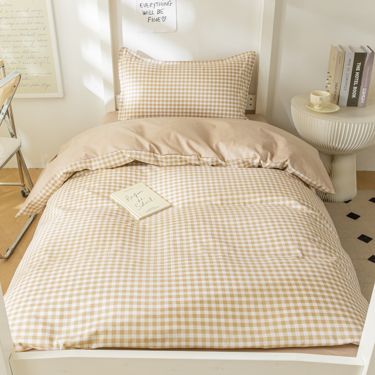 91家纺网 家纺一手货源 找家纺 天之爱 2026年新款13372全棉三件套学生上下铺6件套多件套咖小格