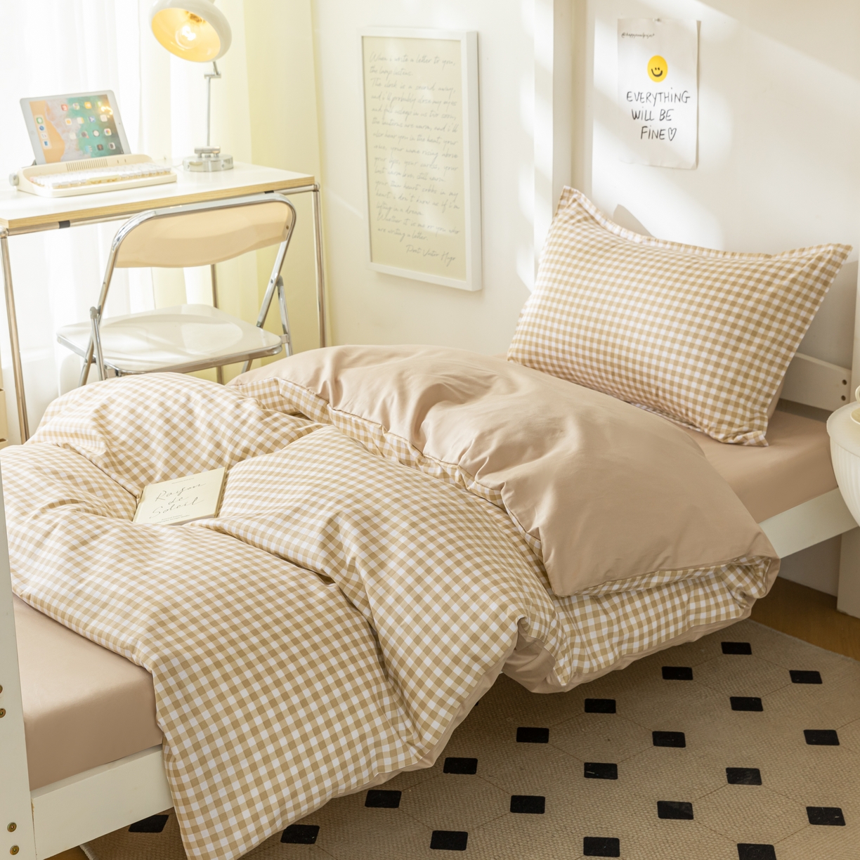 91家纺网 家纺一手货源 找家纺 天之爱 2026年新款13372全棉三件套学生上下铺6件套多件套咖小格