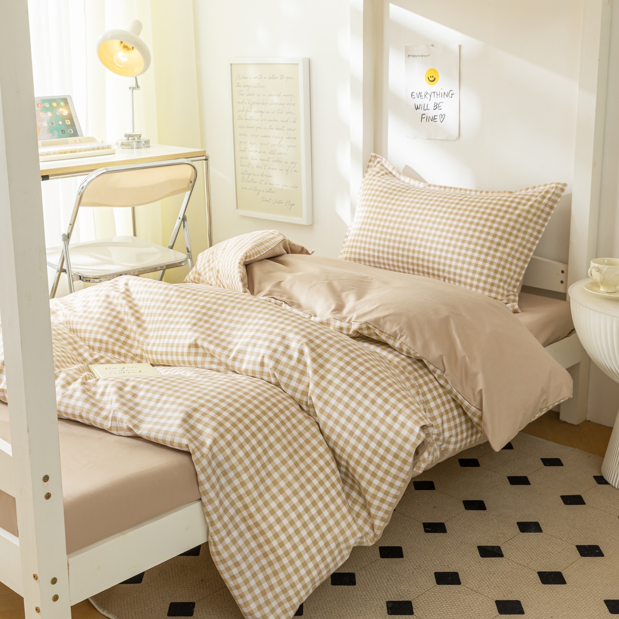 91家纺网 家纺一手货源 找家纺 天之爱 2026年新款13372全棉三件套学生上下铺6件套多件套咖小格