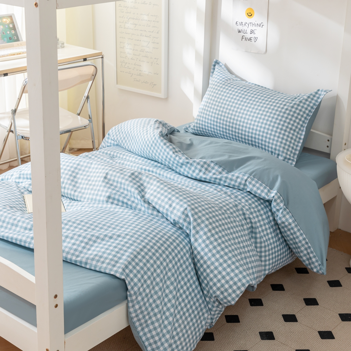 91家纺网 家纺一手货源 找家纺 天之爱 2026年新款13372全棉三件套学生上下铺6件套多件套蓝小格