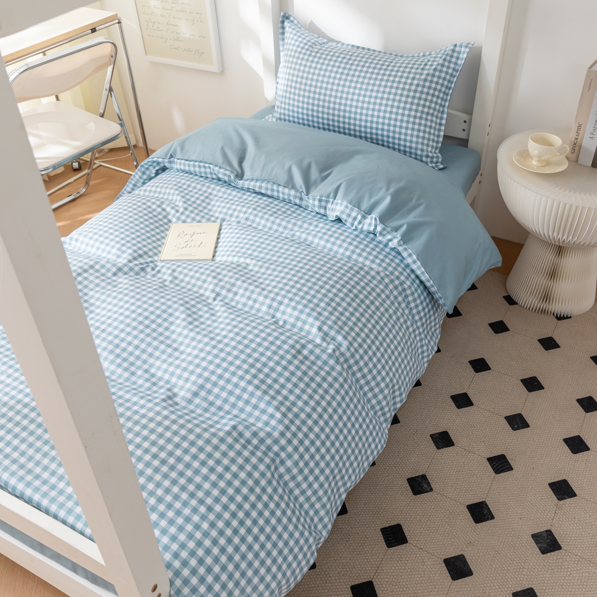 91家纺网 家纺一手货源 找家纺 天之爱 2026年新款13372全棉三件套学生上下铺6件套多件套蓝小格