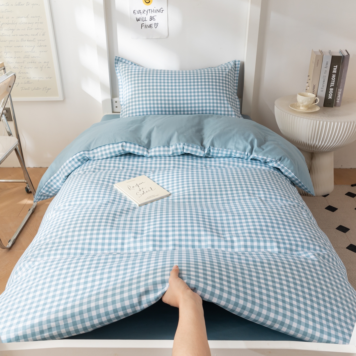 91家纺网 家纺一手货源 找家纺 天之爱 2026年新款13372全棉三件套学生上下铺6件套多件套蓝小格