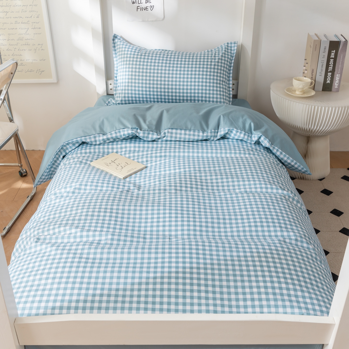 91家纺网 家纺一手货源 找家纺 天之爱 2026年新款13372全棉三件套学生上下铺6件套多件套蓝小格