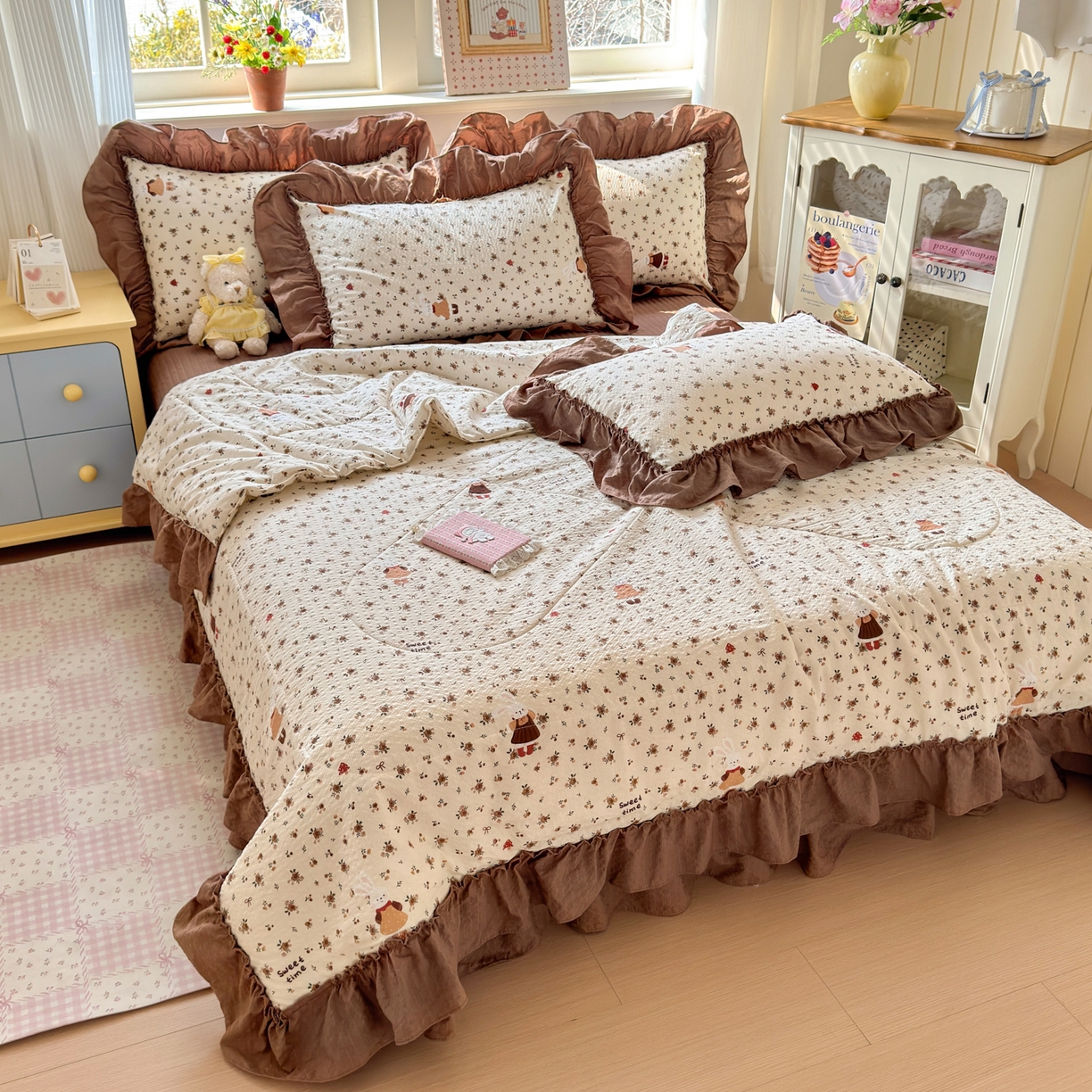 91家纺网 家纺一手货源 找家纺 禾沐 2026新款云感泡芙棉床盖夏被四件套AA款（夏被款） 田园兔