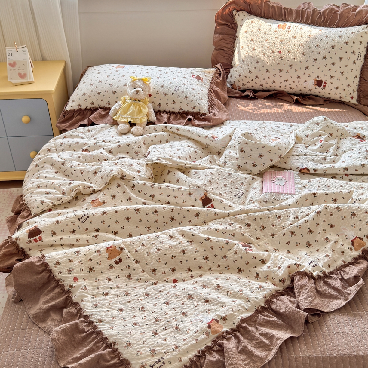 91家纺网 家纺一手货源 找家纺 禾沐 2026新款云感泡芙棉床盖夏被四件套AA款（夏被款） 田园兔