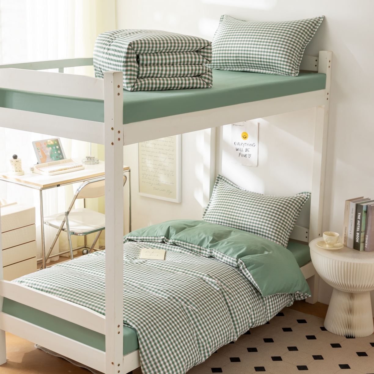 天之爱 2026年新款13372全棉三件套学生上下铺6件套多件套绿小格