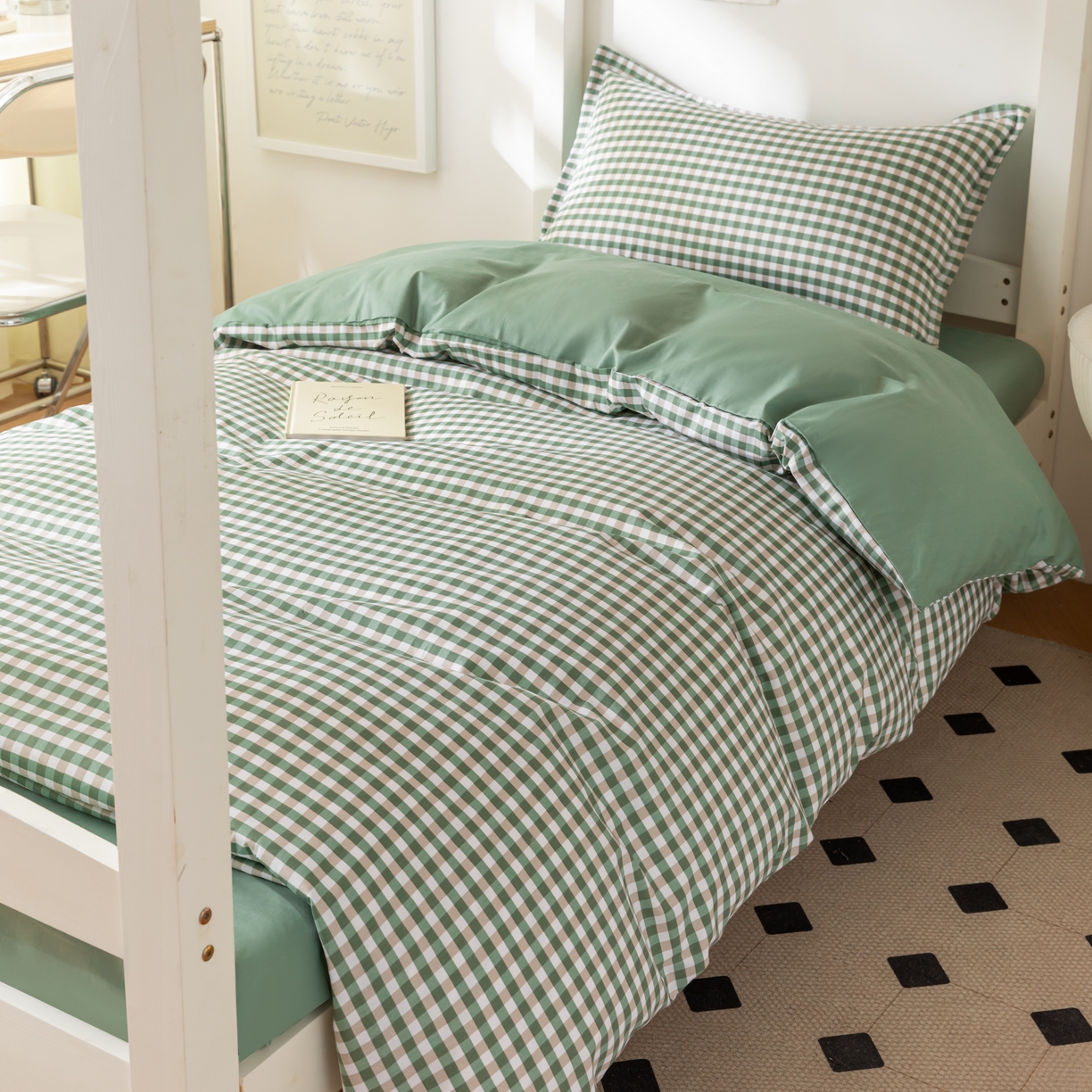 91家纺网 家纺一手货源 找家纺 天之爱 2026年新款13372全棉三件套学生上下铺6件套多件套绿小格