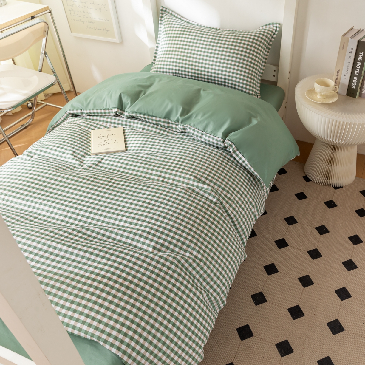 91家纺网 家纺一手货源 找家纺 天之爱 2026年新款13372全棉三件套学生上下铺6件套多件套绿小格