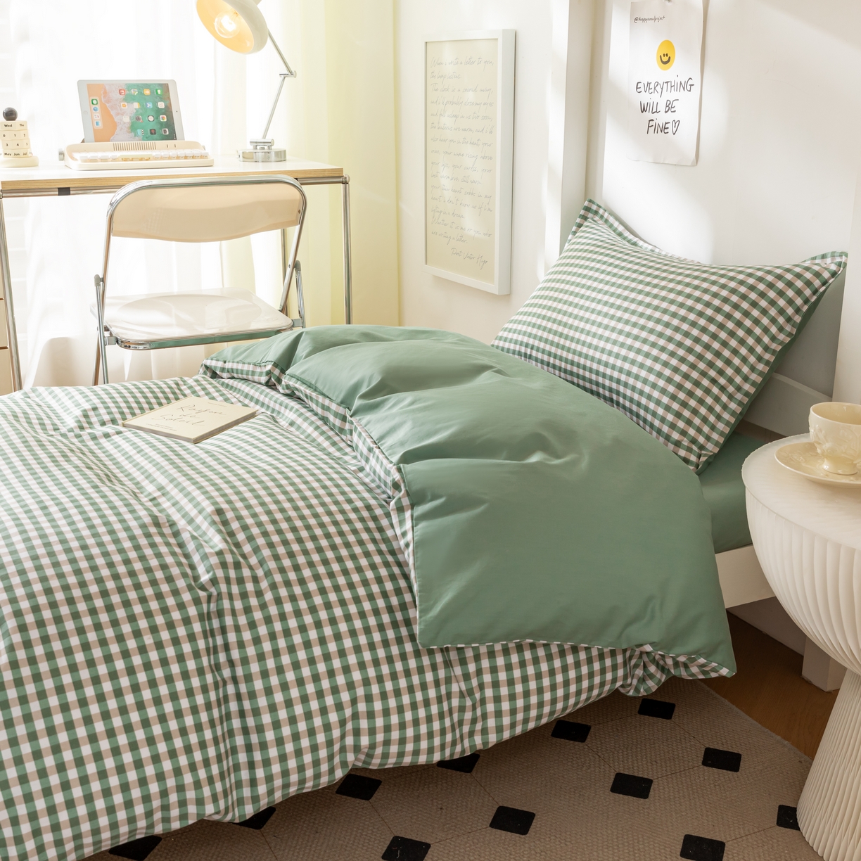 91家纺网 家纺一手货源 找家纺 天之爱 2026年新款13372全棉三件套学生上下铺6件套多件套绿小格