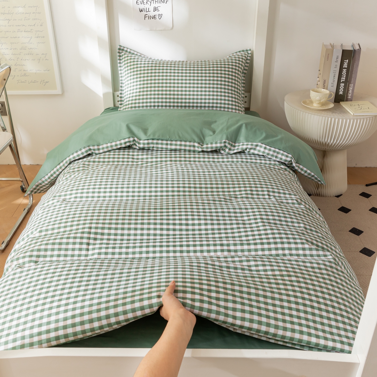 91家纺网 家纺一手货源 找家纺 天之爱 2026年新款13372全棉三件套学生上下铺6件套多件套绿小格