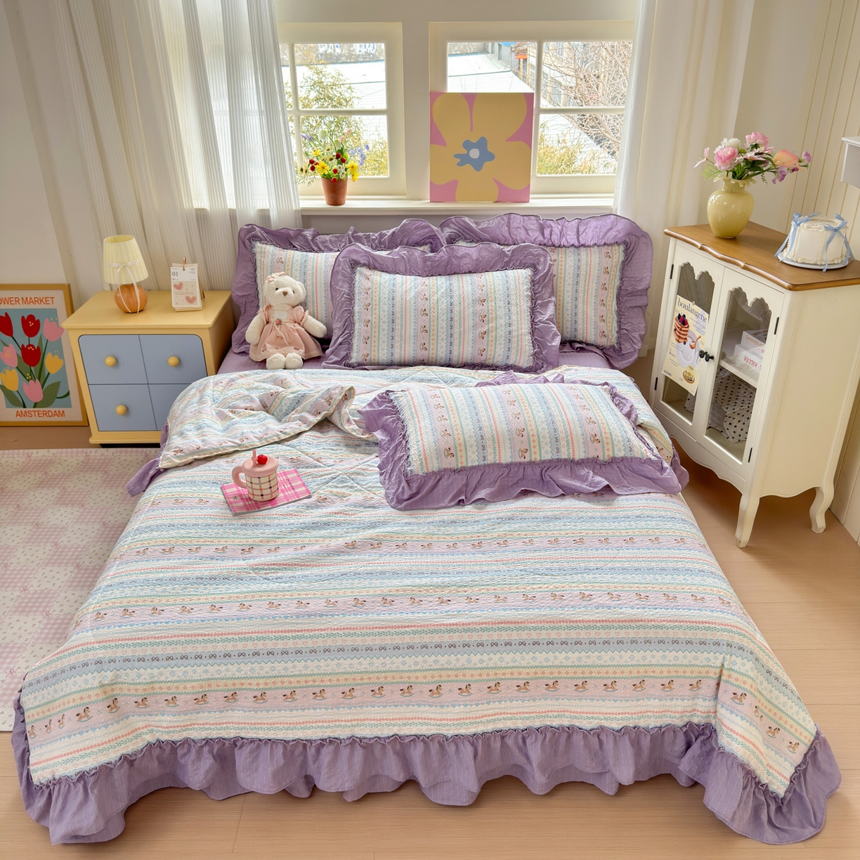 91家纺网 家纺一手货源 找家纺 禾沐 2026新款云感泡芙棉床盖夏被四件套AA款（夏被款） 甜心木马卷